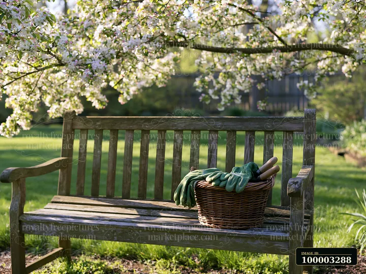 A wooden bench sits under blooming trees in a sunny backyard.