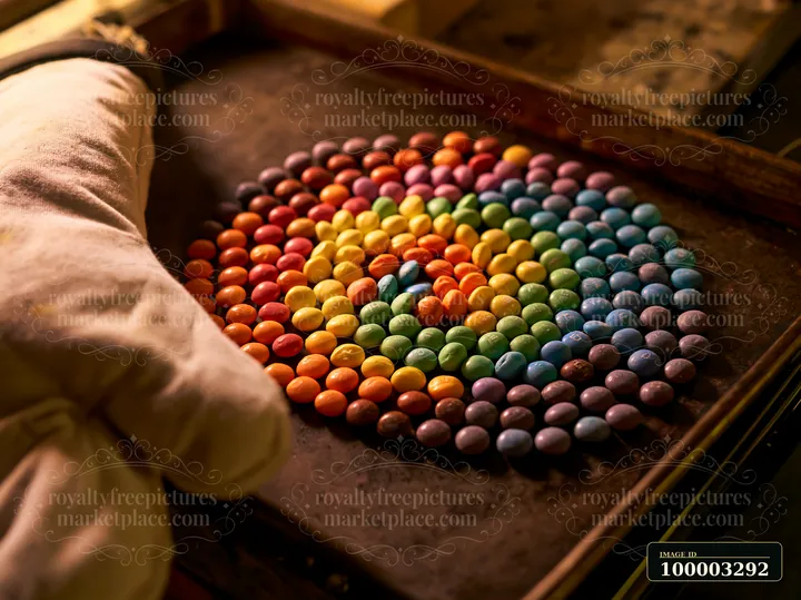 A hand in an oven mitt arranges colorful candy pieces forming spiral on a baking tray.