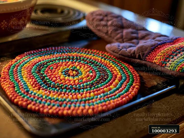 Colorful candy pieces forming spiral pattern are arranged on a baking tray alongside an oven mitt.