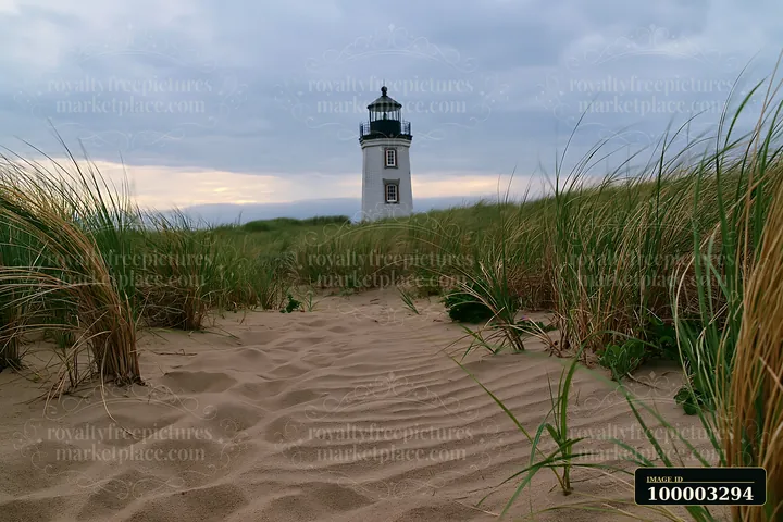 The lighthouse stands tall, surrounded by coastal dunes and tall grass.