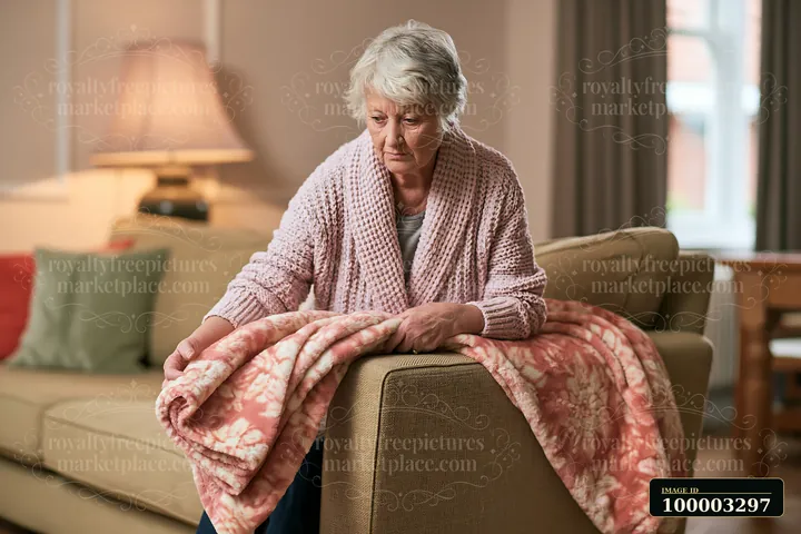 An elderly woman with dementia participating in daily activities sits on a couch, adjusting a pink blanket.