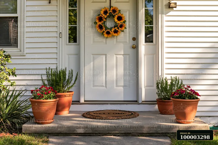 A front door with wreath and welcome doormat is framed by potted flowers.