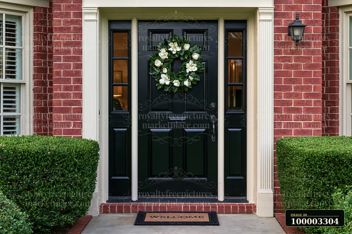 A black front door with a wreath surrounded by green bushes and a welcome doormat at a house entrance.