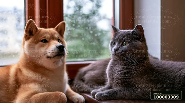 A Shiba Inu sits next to a cat by a window with rain outside.