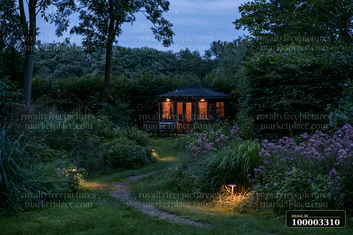The garden studio sits illuminated at dusk, surrounded by lush greenery and flowers.