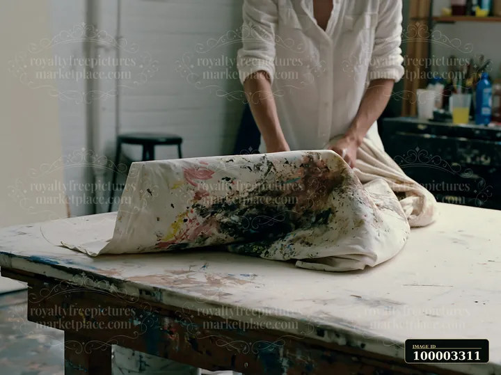 An artist folds a splattered artist canvas textile on a wooden table in a bright studio.