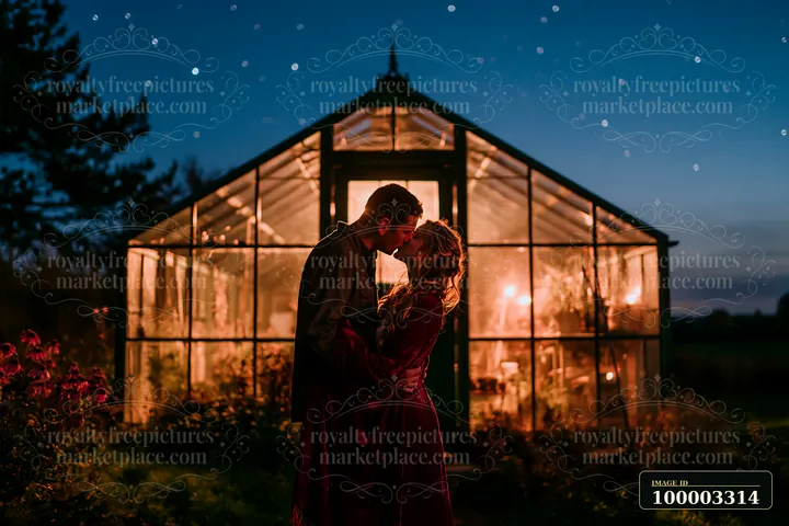 A couple kisses beneath a starry sky while wrapped in a blanket next to a glowing greenhouse.
