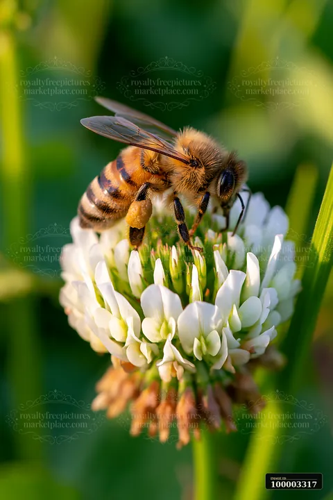 A honey bee with full pollen sacs gathers nectar from a white clover flower in a sunny green field.