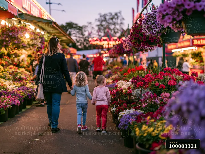 A family walking hand in hand through a fair filled with colorful flower displays.