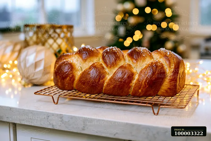A loaf of freshly baked bread sits on a cooling rack in a high-end festive kitchen with elegant decorations.
