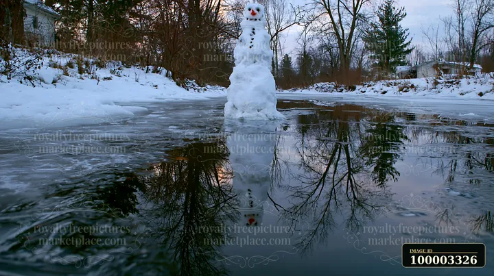 A snowman stands on the bank of a frozen pond while its reflection is visible in the water.