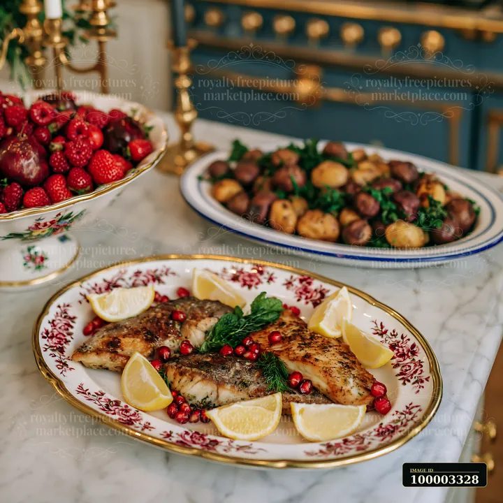 A bright kitchen displays festive serving platters with grilled fish, garnished with lemon and pomegranate.