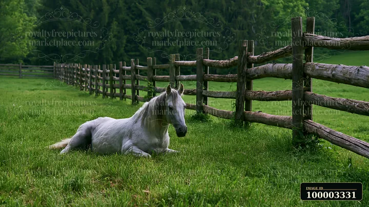 A horse rolling in grass rests lazily beside a wooden fence in a lush green field surrounded by trees.