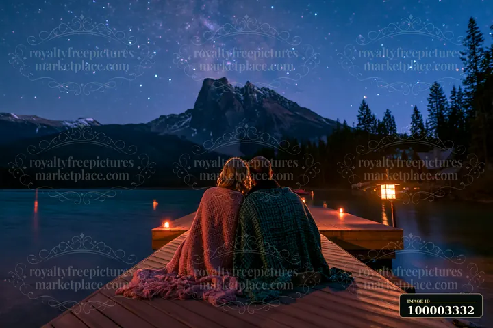 A couple watching stars beside a lake sits on a dock, wrapped in blankets.