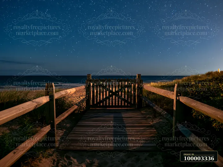 A wooden gate leads to a coastal boardwalk at night under a starry sky.