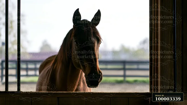 A horse looking through stable door stands in a barn surrounded by soft light.