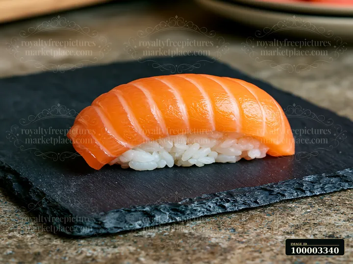 One salmon nigiri on slate plate shows a piece of salmon resting on seasoned rice.