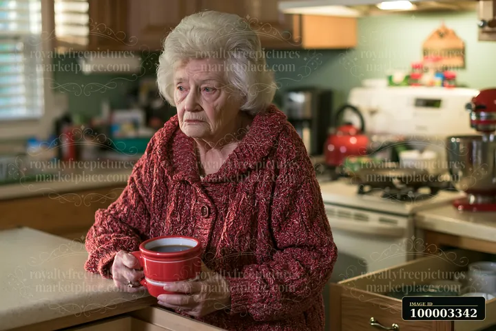 An elderly woman with Alzheimer's holding a cup of coffee stands in a kitchen.