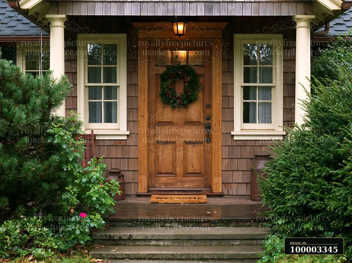 A rustic wooden front door with wreath and welcome mat stands at the entrance of a home, surrounded by lush green bushes and a simple pathway leading to the doo