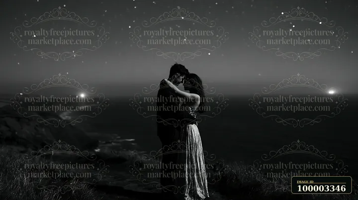 A couple embracing under a starry sky stands on a cliff overlooking the ocean.