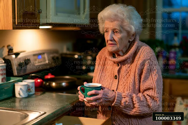 An elderly woman with Alzheimer's holding a cup of coffee stands in a kitchen during the evening.