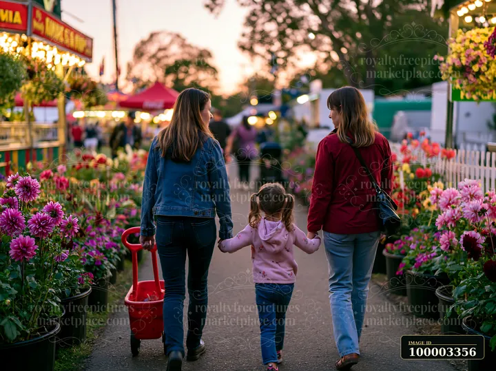 A family walking hand in hand through a fair, surrounded by colorful flowers and stalls.