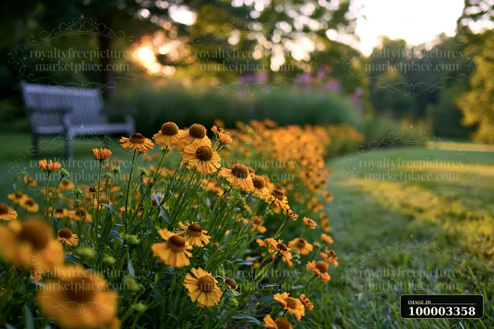 Helenium flowers in border create a colorful display in a garden setting.
