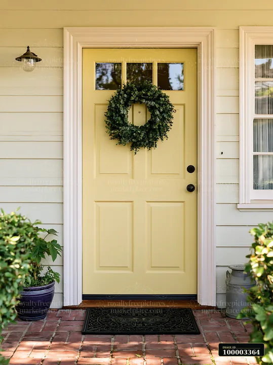 Cheerful front door with wreath and welcome mat against neutral facade highlights a friendly entrance.