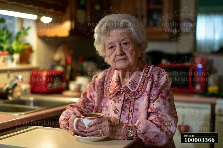 An elderly woman with Alzheimer's holding a cup of coffee sits at a kitchen table.