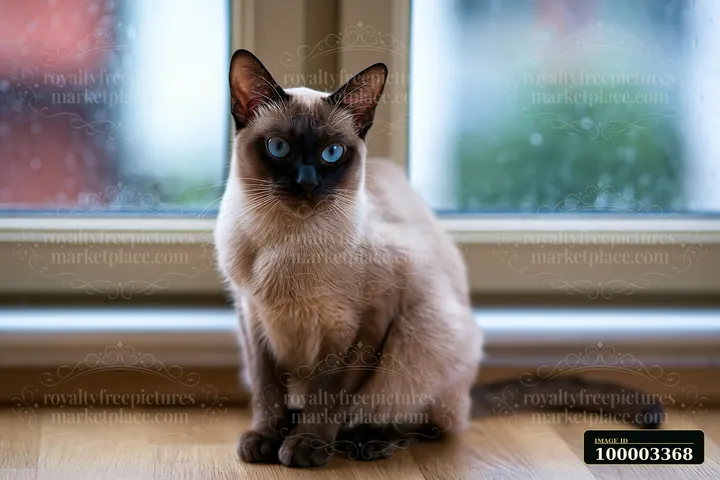 A Tonkinese cat with striking blue eyes sits on a wooden floor by a window.