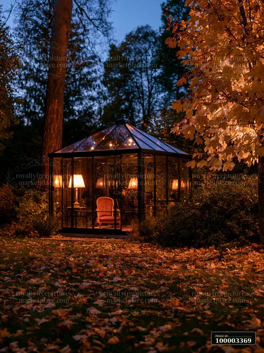 A modern glass garden pavilion with night lighting stands in a garden surrounded by trees and fallen leaves.