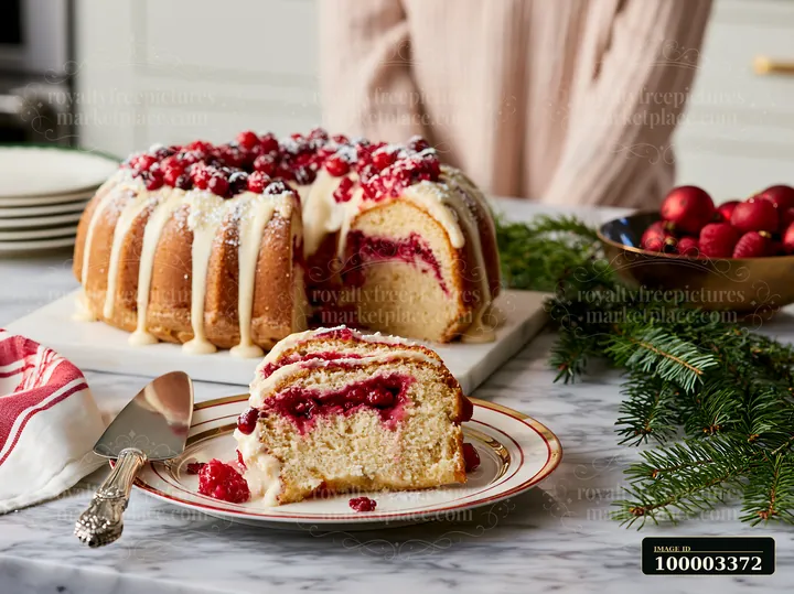 A bundt cake is showcased on a marble countertop in a kitchen.
