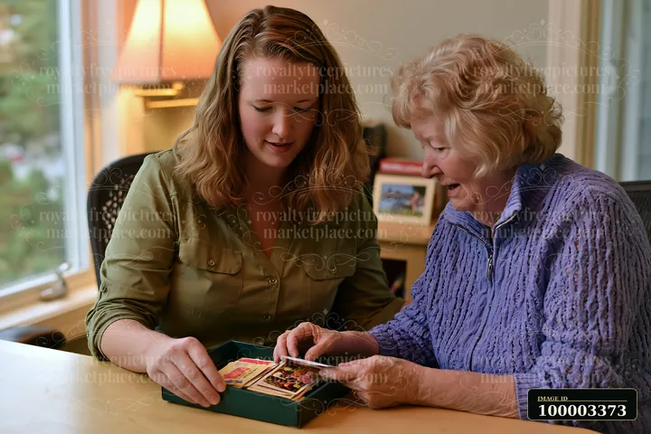 A caregiver providing companionship to senior dementia patient sorts through old photographs at home.