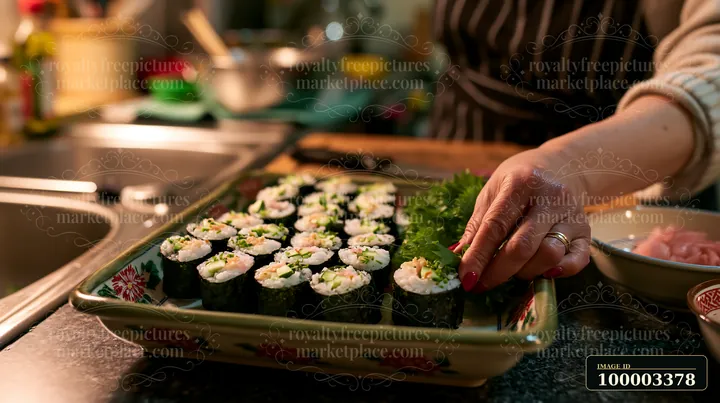 A person is carefully placing sushi with shiso leaves on a serving tray in a home kitchen.