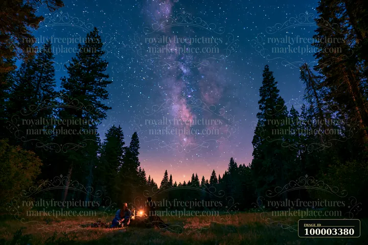 A couple sits by a campfire in a forest clearing, looking up at the Milky Way in the sky.