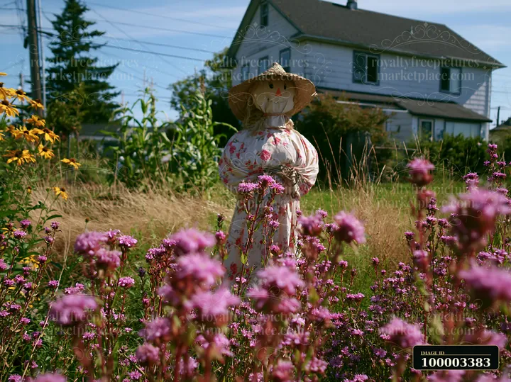 A scarecrow stands among blooming wildflowers in a garden, with a house visible in the background.