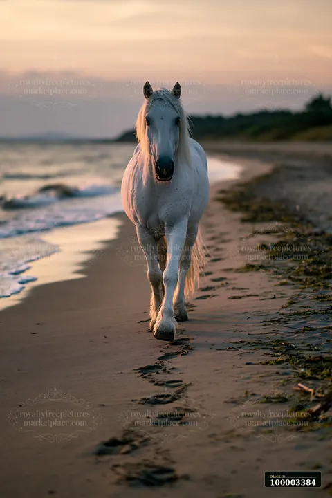 A horse walking on sandy beach along the shore as water meets land at sunset.