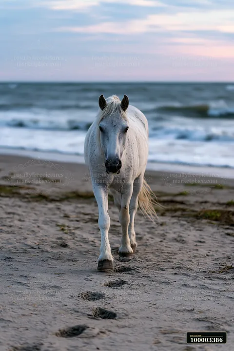 A white horse walks along a sandy beach, leaving footprints in the sand as waves crash in the background.