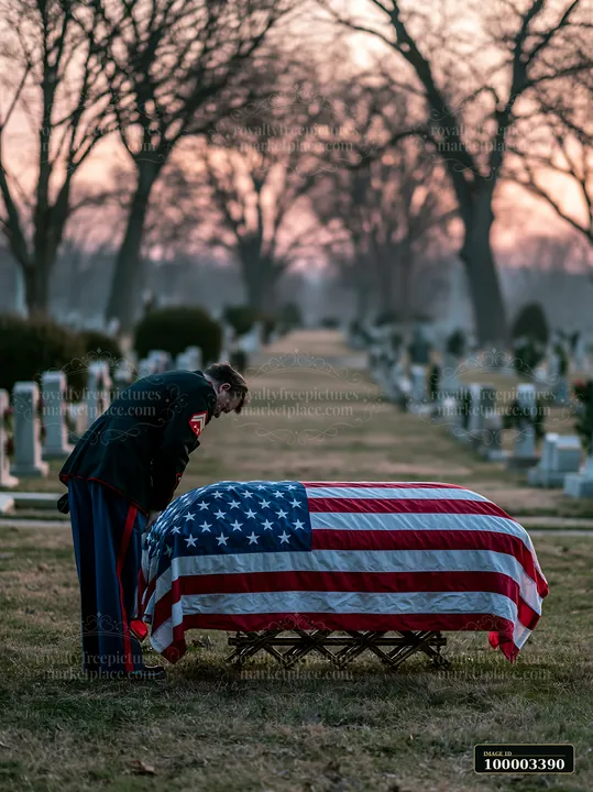 A military personnel bows at a flag-covered coffin during a solemn cemetery burial with flag-covered coffin as the sun sets in the background.
