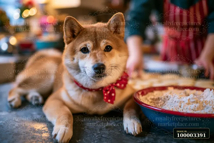 A Shiba Inu is laying beside a bowl of flour in a cozy kitchen during Christmas baking.