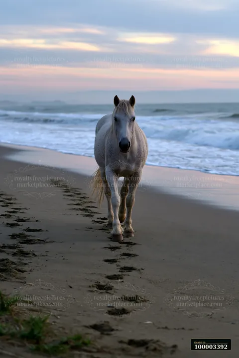 A horse walking on sandy beach near the water's edge during sunset.