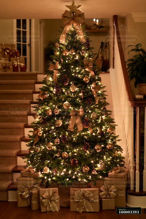 A Christmas tree decorated with burlap stands by a staircase, illuminated by warm lights.