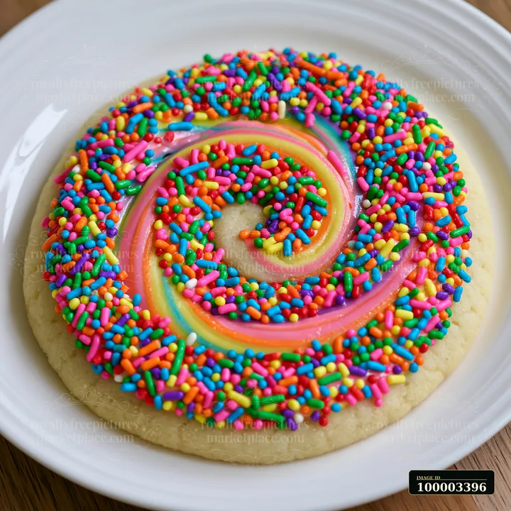 A circular cookie sits on a white plate with bright rainbow sprinkles arranged in a swirl design.