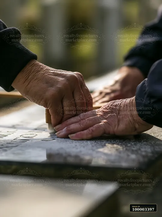 Two hands press against a gravestone in a quiet remembrance scene at a veterans cemetery.