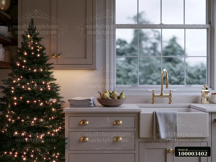 A luxury kitchen features an illuminated Christmas tree next to the sink, with natural light coming through a large window.