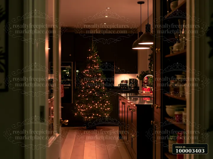 A modern kitchen displays a Christmas tree with lights shining.