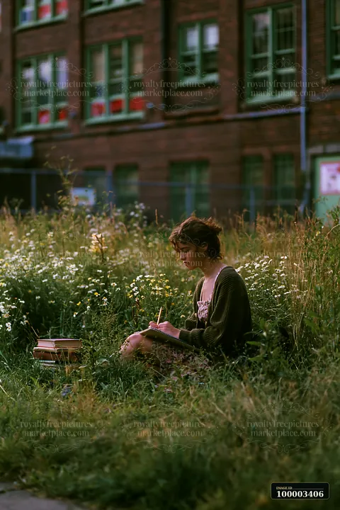 A woman writes in a notebook while sitting in a lush urban meadow among buildings.