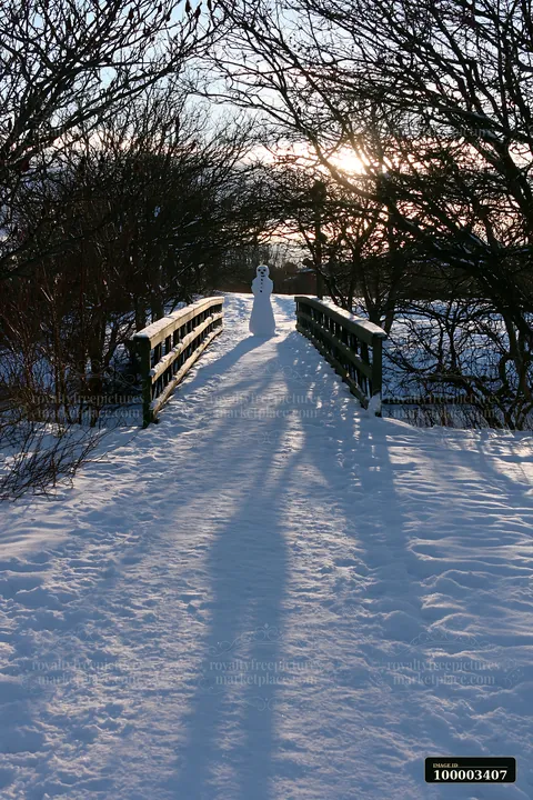 A snowman stands on a bridge covered in snow, casting a long shadow as sunlight filters through the trees.