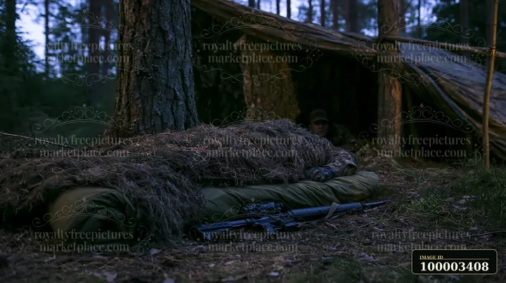 A soldier under camouflage netting rests near a makeshift shelter in a dense forest.