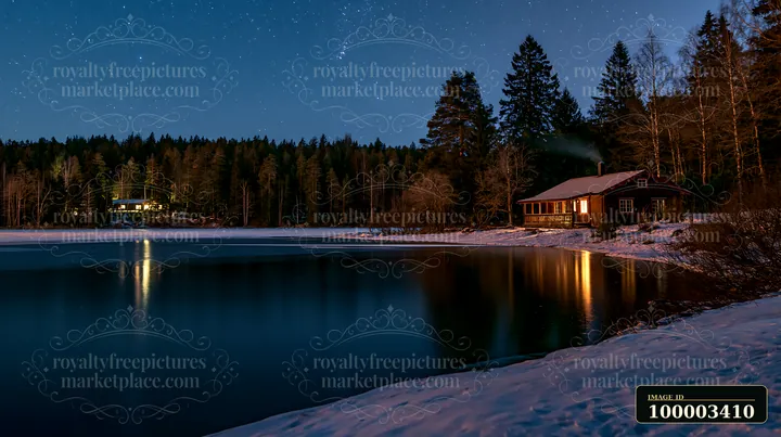 A house with chimney smoke under stars stands by a quiet lake at night.